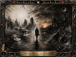 A solitary figure walks through a charcoal cityscape shifting from bright day into shadowy night, reflecting on a wet street beneath swirling skies. Deep blacks, smoky grays, warm sunset accents, and dramatic light create a restless, contemplative mood. An ornate chrome-and-gold musical frame features records, speakers, strings, equalizers, and vivid red lips.