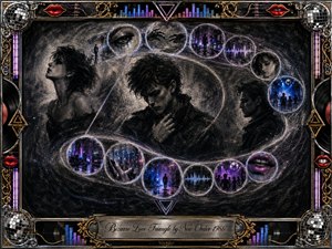 A brooding love triangle unfolds in smoky charcoal, with three shadowed figures surrounded by glowing memory bubbles along a sweeping S-curve. Neon blue, violet, and magenta accents illuminate city scenes, reaching hands, sound waves, and dancers. An ornate chrome-and-gold musical frame adds dramatic 1980s new-wave elegance.
