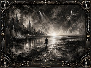 A lone figure crosses a reflective, charcoal-dark shoreline where a shadowy city dissolves into a glowing horizon beneath a misty, celestial sky. Monochrome grays and blacks contrast with silver light and restrained gold accents. Ornate musical framing, vinyl grooves, cables, stars, waveforms, and the engraved title plate enrich the surreal, melancholic atmosphere.