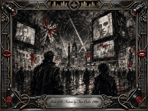 A rain-soaked city square unfolds in deep charcoal, crowded with shadowy figures beneath towering screens and fractured propaganda. Smoky grays, black textures, silver highlights, and restrained red accents create a tense dystopian mood. An ornate chrome-and-gold music-themed frame surrounds the scene, with vinyl records, strings, cables, red lips, and an engraved title plate.