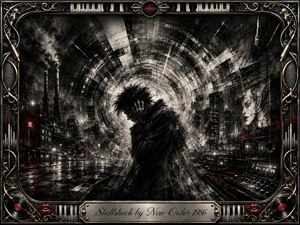 A solitary figure hunches beneath a fractured charcoal cityscape as concentric shockwaves radiate through smoky architecture and wet streets. Black, gray, silver, and restrained red accents create a tense nocturnal mood. An ornate metallic music-themed frame surrounds the scene, with piano keys, records, cables, speakers, and an engraved title plate.