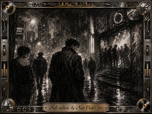 A solitary figure moves through a rain-soaked city street toward a glowing underground club, surrounded by shadowy pedestrians and wet reflections. Deep feathered charcoal creates a brooding, nocturnal mood in blacks, grays, and silver highlights. An ornate chrome-and-gold music-themed frame surrounds the scene, with records, cassettes, equalizers, and an engraved title plate.