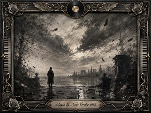 A solitary figure stands beside reflective water beneath a turbulent charcoal sky, facing distant classical ruins and cypress-like trees. Drifting feathers deepen the mournful, contemplative mood. Rich black, gray, silver, and muted gold tones define the textured composition, framed by ornate musical motifs, roses, wings, piano keys, and an engraved title plate.