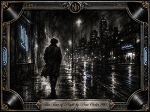 A solitary figure walks through a rain-soaked city street beneath dim lamps and glowing windows, surrounded by misty towers and shimmering pavement reflections. Deep charcoal blacks, smoky grays, silver highlights, and subtle blue neon create a haunting nocturnal mood. An ornate chrome-and-gold musical frame completes the cinematic 1980s new-wave composition.