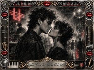 Two lovers hover on the verge of a kiss within a smoky 1980s nightclub dreamscape, rendered in deep feathered charcoal. Silvery blacks, glowing crimson accents, neon, speakers, city lights, and a disco ball create tense romantic energy. An ornate chrome-and-gold musical frame surrounds the scene, crowned by vivid red lips.