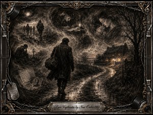 A weary soldier walks a rain-darkened country road toward a warmly lit home, surrounded by ghostlike memories of war, letters, graves, and family. Deep feathered charcoal textures, muted sepia tones, and amber light create a haunting, reflective mood. An ornate metallic frame of barbed wire, guitar strings, records, and gold inlay completes the composition.