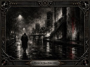 A lone figure walks through a rain-soaked industrial city beneath pale streetlights, surrounded by looming buildings, mist, and reflective pavement. Deep charcoal textures, stark black-and-white contrasts, and restrained crimson accents create a tense, mysterious mood. An ornate metallic music-themed frame and engraved title plate complete the brooding composition.
