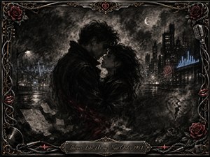 A shadowed couple nearly kisses beneath a crescent moon in a rain-darkened city, surrounded by smoky charcoal textures and glowing windows. Deep blacks and silvery grays dominate, accented by muted red roses and cool blue neon. An ornate chrome-and-gold musical frame reinforces the romantic, mysterious, synth-pop atmosphere.