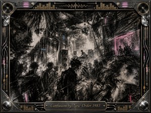 A shadowy charcoal nightclub scene swirls with fragmented faces, dancing silhouettes, speaker stacks, smoke, and fractured reflections, creating an atmosphere of restless confusion. Deep blacks and silvery grays dominate, pierced by faint pink and blue neon. An ornate chrome-and-gold audio-themed frame surrounds the composition, with the engraved title plate centered below.