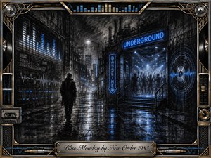 A solitary figure walks through a rain-soaked industrial street toward a glowing underground club, surrounded by shadowy dancers, sound-wave graphics, and neon signs. Deep charcoal textures, graphite grays, silver reflections, and electric blue highlights create a cold, rhythmic mood. An ornate chrome-and-gold music-themed frame completes the dramatic retro-electronic composition.
