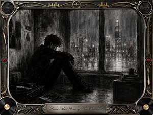 A solitary figure sits hunched beside a rain-streaked window, overlooking a blurred nighttime city glowing through mist. Deep feathered charcoal textures, smoky blacks, silvery grays, and faint red accents create a withdrawn, melancholic mood. An ornate chrome-and-gold music-themed frame, vinyl details, speakers, cables, and engraved title plate complete the composition.