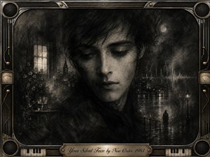 A pale, downcast face emerges from deep charcoal shadows above a rain-slicked nocturnal city, conveying silence, distance, and melancholy. Smoky grayscale textures, muted silver highlights, a glowing window, moonlit haze, waveform details, and a lone waterfront figure create a dreamlike atmosphere, enclosed by an ornate chrome-and-gold music-inspired frame.