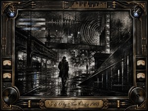 A solitary figure walks through a rain-slicked industrial city at night, surrounded by bridges, rails, distant towers, and abstract sound-wave patterns. Deep charcoal blacks and smoky grays create a tense, melancholic mood, with faint cool highlights reflecting on wet pavement. An ornate audio-themed metallic frame and engraved title plate complete the cinematic composition.