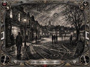 A charcoal-rendered village street curves into a shadowy square beneath a turbulent, music-charged sky. Glowing windows and lamps soften the somber black-and-gray palette, while scattered figures suggest quiet community. Sound waves, circular speaker motifs, and wet reflections enrich the scene, framed by ornate chrome, gold filigree, records, strings, and red lips.