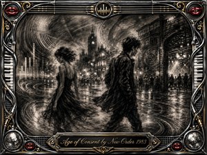 A charcoal nightscape shows a young man and woman walking apart through rain-slicked city streets, surrounded by sweeping sound-wave lines, glowing lamps, and distant club lights. Deep blacks, silvery highlights, and smoky textures create a restless, bittersweet mood, framed by ornate chrome, gold inlay, musical details, red lips, and an engraved title plate.