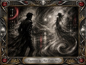 A shadowed man faces an ethereal woman across a rain-slicked nocturnal cityscape, their distance bridged by swirling charcoal smoke and luminous reflections. Deep blacks, silvery grays, and restrained red neon create a romantic, restless mood. An ornate chrome-and-gold musical frame, red lips, cables, and disco details complete the dramatic composition.