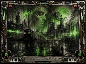 A dark industrial city glows beneath an eerie green moon, with a lone train, wet reflections, towering factories, and a ghostly face emerging from smoky charcoal skies. Neon-green sound waves cut through the scene, creating a tense, futuristic mood. An ornate chrome-and-gold music-themed frame surrounds the richly textured artwork.