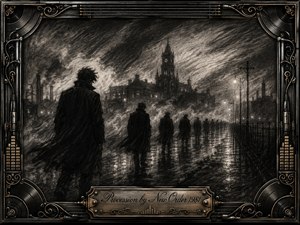 A shadowy procession moves through a rain-soaked industrial city beneath a turbulent charcoal sky. Dark figures recede toward a distant clock tower, creating a solemn sense of memory and passage. Wet streets reflect faint lamps, while deep blacks, smoky grays, and expressive feathered textures are enclosed by an ornate metallic music-themed frame.