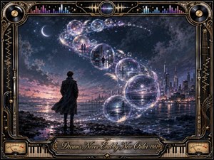 A solitary figure stands on a moonlit shoreline, gazing toward a glowing futuristic city as luminous dream bubbles sweep across the sky in an elegant S-curve. Midnight blues, violets, silver, and amber reflections create a wistful atmosphere. An ornate retro-futurist musical frame features vinyl records, equalizers, piano keys, VU meters, and engraved title plate.