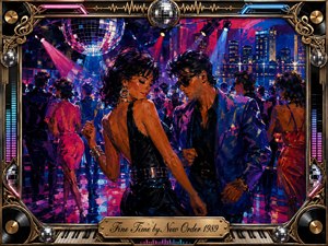 A stylish couple dances at the center of a vibrant late-1980s nightclub, surrounded by lively silhouettes, mirrored disco balls, and a glowing city skyline. Electric blues, magentas, reds, and gold highlights create energetic nightlife warmth. Painterly acrylic textures, dramatic spotlights, reflective flooring, and an ornate music-themed frame complete the glamorous scene.