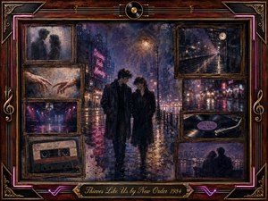 A rain-soaked 1980s city frames two distant lovers walking beneath neon reflections, surrounded by faded memories of reaching hands, an empty dance floor, a train platform, cassette tape, and spinning vinyl. Deep blues, violet, amber, and crimson glow through painterly textures, enclosed by ornate rosewood, chrome, and gold musical detailing.