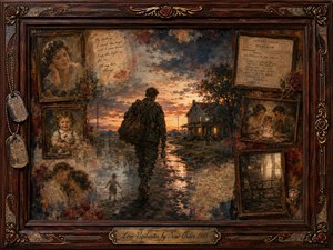 A weary soldier walks a rain-darkened country road toward a warmly lit farmhouse at sunset, surrounded by fading portraits, letters, a telegram, an empty chair, and family memories. Rich rosewood framing, brass details, dog tags, roses, and musical accents deepen the nostalgic mood, blending sepia, crimson, blue-gray, and golden painterly textures.