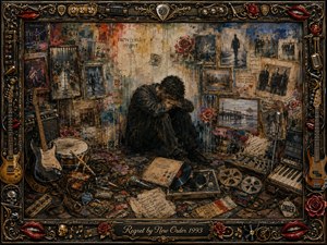 A solitary figure sits curled in sorrow amid a dense collage of faded photographs, handwritten notes, roses, guitars, records, tapes, microphones, and studio gear. Warm gold, rust, black, and weathered blue tones create a nostalgic, melancholic mood, framed by ornate rock-inspired metalwork and a polished engraved title plate.