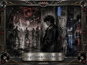 A solitary young figure stands between a smoky nightclub and a rain-slicked city street, surrounded by blurred dancers, speakers, neon red shapes, and cool blue reflections. Deep charcoal textures create a brooding, nostalgic mood, while the ornate chrome-and-gold musical frame and engraved title plate add polished 1980s elegance.