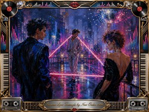 Three stylish figures form a glowing neon love triangle on a rain-slicked city terrace beneath a mirrored disco ball. Deep blues, magentas, violets, and crimson reflections create a dreamy, conflicted mood. Painterly acrylic textures soften the urban night, while an ornate chrome-and-gold musical frame surrounds the scene with vinyl, keyboards, cassettes, and equalizer motifs.