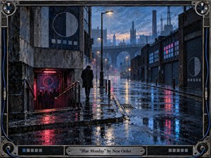 A solitary figure walks through a rain-soaked industrial city at blue hour, leaving a glowing underground club behind. Cold blues, steel grays, and vivid magenta reflections create a melancholy electronic mood. Weathered architecture, repeating geometric motifs, misty factories, and tactile painted textures reinforce the stark, rhythmic 1980s atmosphere.