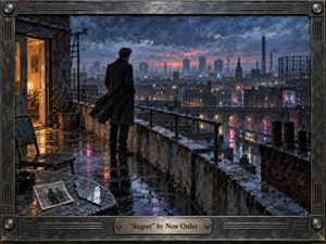 A solitary man in a dark coat stands on a rain-slick rooftop, gazing across a glowing industrial city at dusk. Reflections shimmer in puddles beneath moody blue and violet clouds, while warm light spills from an open doorway. Painted in richly textured, cinematic strokes, the scene feels wistful, intimate, and quietly haunted.