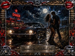 A moonlit roadside romance unfolds beside a gleaming black muscle car, glowing neon diner, and windswept grass. Deep blues, smoky blacks, crimson accents, chrome reflections, and warm headlights create a reckless, seductive mood. Thick oil-paint textures energize the scene, framed by ornate rock motifs, flames, lips, and metallic details.