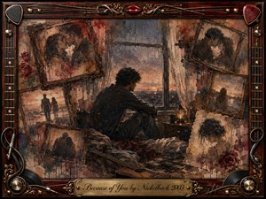 A solitary man sits beside a rain-streaked window, surrounded by tilted rosewood-framed memories of love, separation, and regret. Warm browns, faded reds, charcoal blacks, and muted amber light create a melancholy atmosphere. Layered oil, acrylic, watercolor, and distressed textures blend photographs, roses, instruments, and weathered details into a haunting nostalgic collage.