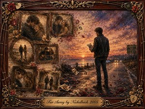 A solitary man stands beside a coastal road at sunset, holding a cherished photograph while framed memories of a loving couple surround him. Warm gold, rose, sepia, and violet tones create a wistful mood. Painterly oil, acrylic, and watercolor textures blend with drifting photos, roses, ornate wood, gold filigree, and guitar-string details.