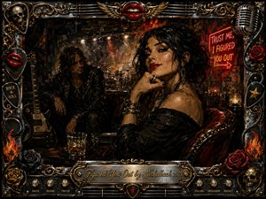 A seductive woman dominates a smoky backstage rock lounge, posing confidently beside a brooding guitarist, whiskey glass, and dim stage equipment. Rich blacks, crimson reds, bronze, and gold create a dangerous, intimate mood. Dramatic amber lighting and thick oil-painted textures are framed by ornate chrome, roses, skulls, guitar strings, and vintage microphone details.