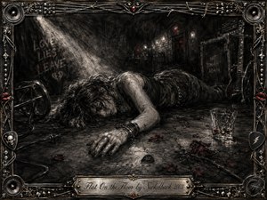 A fallen figure sprawls across a grim backstage floor beneath a harsh white spotlight, surrounded by scattered rose petals, cables, a whiskey glass, and battered musical equipment. Deep charcoal textures, blackened steel, muted crimson accents, and ornate guitar-inspired framing create a raw, exhausted mood, blending gritty realism with expressive rock imagery.