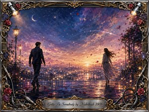 A solitary man and woman approach each other across a rain-slicked terrace overlooking a glowing city at twilight. Deep blues, violet clouds, warm gold light, roses, and drifting petals create romantic anticipation. Painterly textures and sweeping celestial lines suggest destiny, framed by ornate chrome, gold filigree, guitar details, and stage lights.