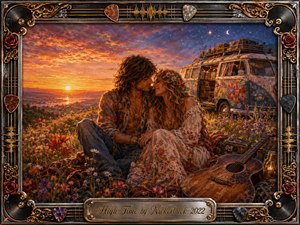 A romantic bohemian couple sits closely in a wildflower meadow beside a weathered hippie van and acoustic guitar, glowing beneath a fiery sunset fading into starry twilight. Warm amber, rose, violet, and deep blue tones create a dreamy nostalgic mood, framed by ornate chrome, gold filigree, roses, guitar picks, and musical details.