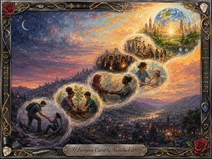 A sweeping oil-painted cityscape transforms from shadowy twilight into radiant dawn as luminous memory bubbles curve upward in an S-shape, revealing acts of kindness, unity, healing, and environmental care. Warm gold, violet, and blue tones create hopeful contrast, while roses, guitar strings, chrome inlay, and musical details enrich the ornate decorative frame.