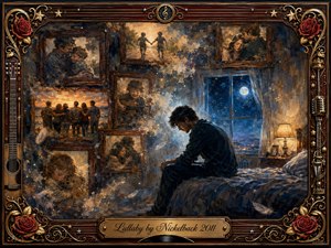 A solitary man sits quietly on a bed beneath moonlit windows, surrounded by fading framed memories of childhood, family, love, and friendship. Warm amber highlights contrast with deep midnight blues, creating a tender, reflective mood. Painterly textures, drifting feathers, roses, guitars, and ornate gold details enrich the nostalgic composition.