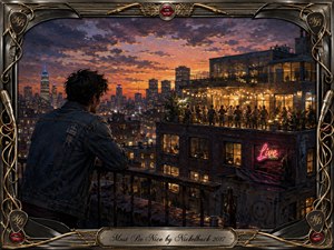 A solitary figure in a worn denim jacket overlooks a glowing rooftop party against a dramatic city sunset. Warm amber lights contrast with deep blue shadows and neon accents, creating a reflective, bittersweet mood. Rich painterly textures, crowded silhouettes, chrome details, guitar strings, microphones, and red lips frame the urban scene.