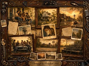 A warm nostalgic collage gathers faded memories of friendship, romance, home, and small-town youth inside ornate rosewood frames. Golden sunset light washes the sepia-brown composition, while layered oil, acrylic, and watercolor textures soften each scene. Guitar strings, picks, cables, musical ornaments, and an engraved title plate enrich the decorative border.