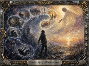A solitary man stands beneath swirling memory bubbles, moving from a shadowy blue-gray cityscape toward radiant golden light and an angelic figure. The mood shifts from despair to hope, with dramatic textured brushwork, glowing skies, clocks, reaching hands, and urban fragments. An ornate metallic music-themed frame completes the emotional composition.