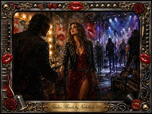 A glamorous woman in a red dress shakes hands with a shadowy figure backstage at a smoky rock venue. Warm gold dressing-room lights contrast with blue-violet stage beams, guitars, microphones, amplifiers, and distant performers. Rich painterly textures, chrome-and-gold framing, red lips, roses, and music hardware create a seductive, gritty atmosphere.