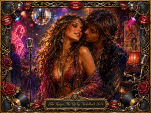 A seductive bohemian couple embraces in a neon-lit nightclub, surrounded by microphones, vinyl records, roses, disco balls, and glowing stage lights. Rich reds, purples, golds, and blues create a sultry, energetic mood. Painterly textures blend oil and acrylic effects, framed by ornate chrome-and-gold musical details and bright red lips.
