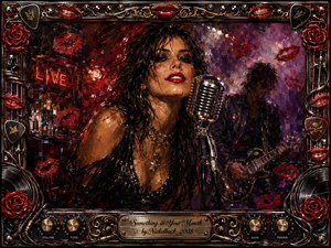 A seductive rock singer leans toward a vintage chrome microphone in a smoky nightclub, framed by a shadowy guitarist and glowing stage lights. Deep reds, black, bronze, and violet create a provocative, energetic mood. Thick oil-paint textures, red lips, roses, vinyl records, guitar picks, cables, and ornate metallic details surround the scene.