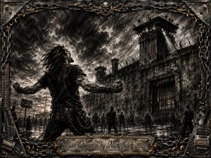 A defiant long-haired rocker stands with clenched fists before a towering prison fortress, surrounded by shadowy inmates, razor wire, guard towers, and sweeping searchlights. Deep charcoal blacks and smoky grays create a stormy, rebellious mood, while chains, guitar hardware, barbed wire, and gold accents form the rugged industrial frame.