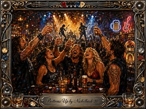 A vibrant acrylic-style rock bar erupts with celebration as laughing friends raise drinks before a brightly lit live band. Warm amber, red, blue, and chrome tones glow through smoky stage lighting and neon signs. An ornate musical frame of guitar strings, picks, speakers, and gold detailing surrounds the energetic scene and engraved title plate.