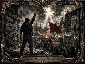 A lone rebel raises a fist above a surging city crowd, surrounded by smoke, protest signs, and a torn red flag. Deep feathered charcoal textures create a gritty, urgent mood, accented by crimson sparks and dramatic shafts of light. An ornate industrial music-themed frame and engraved title plate complete the defiant composition.