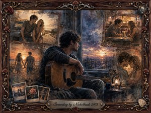 A solitary young man sits beside a rain-streaked window with an acoustic guitar, surrounded by fading framed memories of love, laughter, and shared sunsets. Cool blue-gray shadows contrast with warm amber and rose highlights. Painterly oil, acrylic, and watercolor textures create a wistful, nostalgic atmosphere within an ornate rosewood-and-gold musical frame.